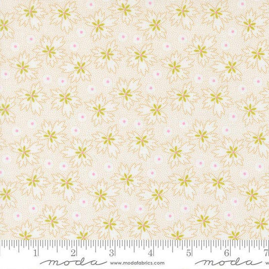 Image of Summers End Geranium Almond Pie quilting cotton fabric by Fig Tree Co for Moda Fabrics. Features flowers on a cream background. Cute Little Fabric Shop.