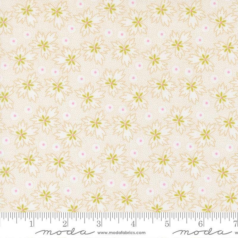 Image of Summers End Geranium Almond Pie quilting cotton fabric by Fig Tree Co for Moda Fabrics. Features flowers on a cream background. Cute Little Fabric Shop.