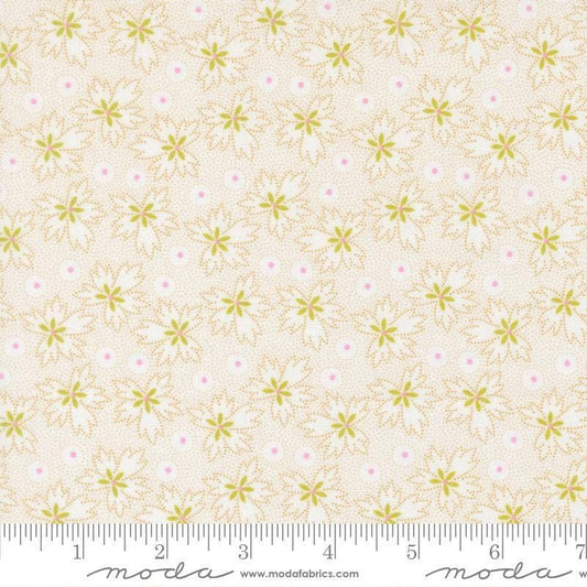 Image of Summers End Geranium Almond Pie quilting cotton fabric by Fig Tree Co for Moda Fabrics. Features flowers on a cream background. Cute Little Fabric Shop.