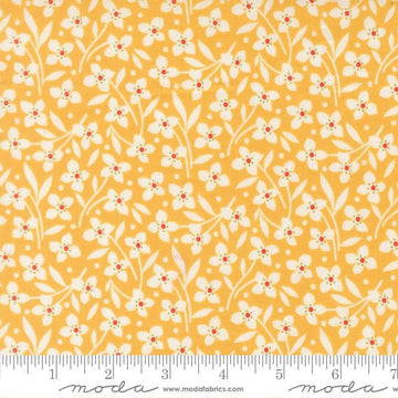 Image of Summers End Florals Sunflower quilting cotton fabric by Fig Tree Co for Moda Fabrics. Features flowers on a yellow background. Cute Little Fabric Shop.