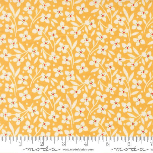 Image of Summers End Florals Sunflower quilting cotton fabric by Fig Tree Co for Moda Fabrics. Features flowers on a yellow background. Cute Little Fabric Shop.