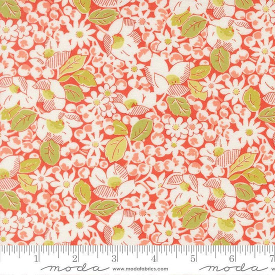 Image of Summers End Garden Persimmon quilting cotton fabric by Fig Tree Co for Moda Fabrics. Features flowers on a red background. Cute Little Fabric Shop.