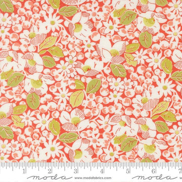 Image of Summers End Garden Persimmon quilting cotton fabric by Fig Tree Co for Moda Fabrics. Features flowers on a red background. Cute Little Fabric Shop.
