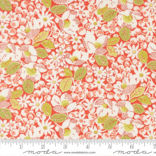 Image of Summers End Garden Persimmon quilting cotton fabric by Fig Tree Co for Moda Fabrics. Features flowers on a red background. Cute Little Fabric Shop.