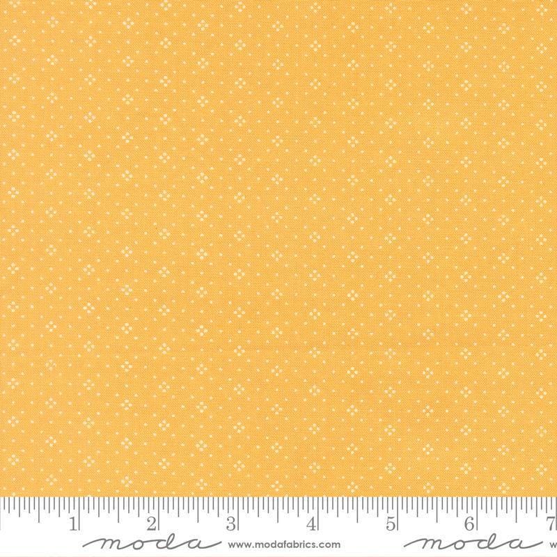 Image of Summers End Eyelet Sunflower quilting cotton fabric by Fig Tree Co for Moda Fabrics. Features dots on a yellow background. Cute Little Fabric Shop.