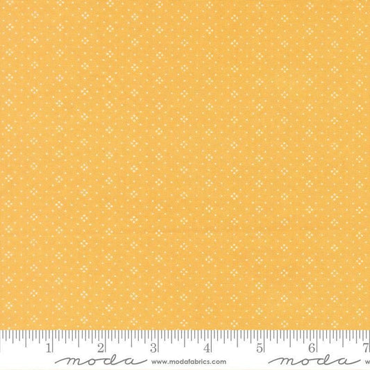 Image of Summers End Eyelet Sunflower quilting cotton fabric by Fig Tree Co for Moda Fabrics. Features dots on a yellow background. Cute Little Fabric Shop.