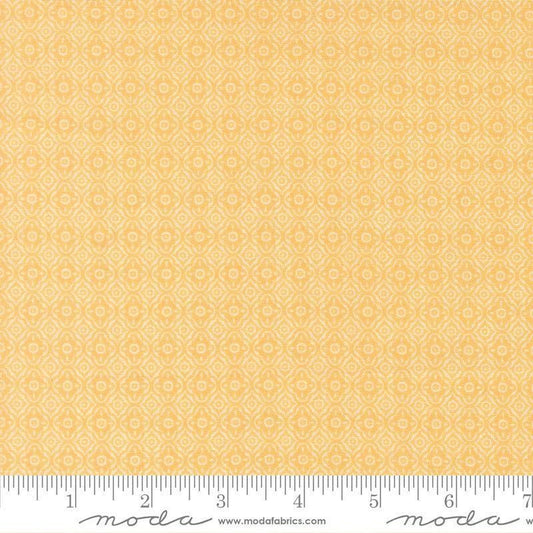 Image of Summers End Trellis Sunflower quilting cotton fabric by Fig Tree Co for Moda Fabrics. Features a geometric pattern on a yellow background. Cute Little Fabric Shop.