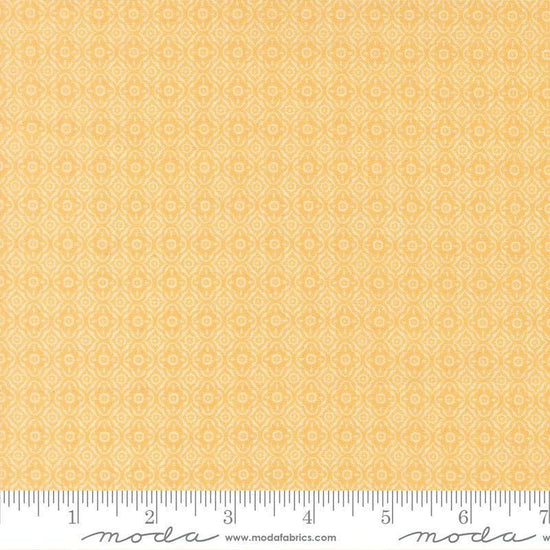 Image of Summers End Trellis Sunflower quilting cotton fabric by Fig Tree Co for Moda Fabrics. Features a geometric pattern on a yellow background. Cute Little Fabric Shop.