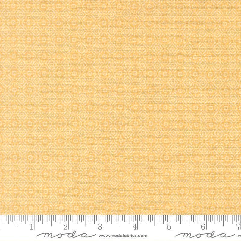 Image of Summers End Trellis Sunflower quilting cotton fabric by Fig Tree Co for Moda Fabrics. Features a geometric pattern on a yellow background. Cute Little Fabric Shop.