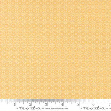 Image of Summers End Trellis Sunflower quilting cotton fabric by Fig Tree Co for Moda Fabrics. Features a geometric pattern on a yellow background. Cute Little Fabric Shop.
