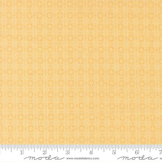 Image of Summers End Trellis Sunflower quilting cotton fabric by Fig Tree Co for Moda Fabrics. Features a geometric pattern on a yellow background. Cute Little Fabric Shop.