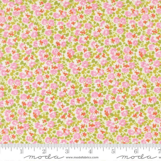 Image of Summers End Meadow Lilac quilting cotton fabric by Fig Tree Co for Moda Fabrics. Features flowers on a pink background. Cute Little Fabric Shop.