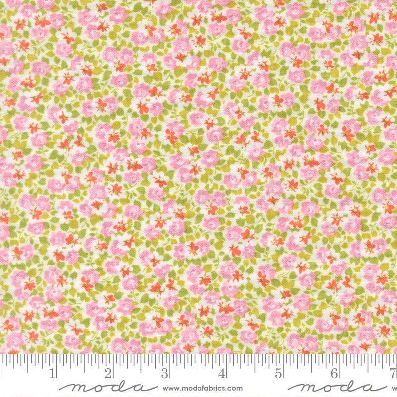 Image of Summers End Meadow Lilac quilting cotton fabric by Fig Tree Co for Moda Fabrics. Features flowers on a pink background. Cute Little Fabric Shop.