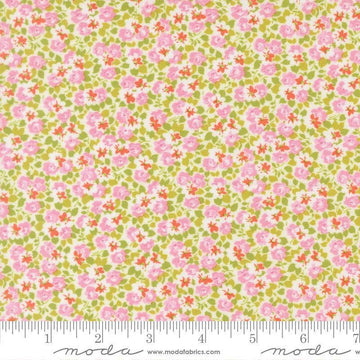 Image of Summers End Meadow Lilac quilting cotton fabric by Fig Tree Co for Moda Fabrics. Features flowers on a pink background. Cute Little Fabric Shop.