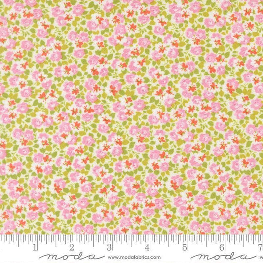 Image of Summers End Meadow Lilac quilting cotton fabric by Fig Tree Co for Moda Fabrics. Features flowers on a pink background. Cute Little Fabric Shop.