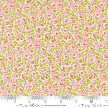 Image of Summers End Meadow Lilac quilting cotton fabric by Fig Tree Co for Moda Fabrics. Features flowers on a pink background. Cute Little Fabric Shop.