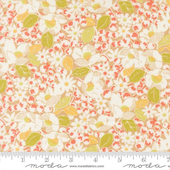 Image of Summers End Garden Almond Pie quilting cotton fabric by Fig Tree Co for Moda Fabrics. Features flowers on a cream background. Cute Little Fabric Shop.