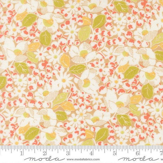 Image of Summers End Garden Almond Pie quilting cotton fabric by Fig Tree Co for Moda Fabrics. Features flowers on a cream background. Cute Little Fabric Shop.