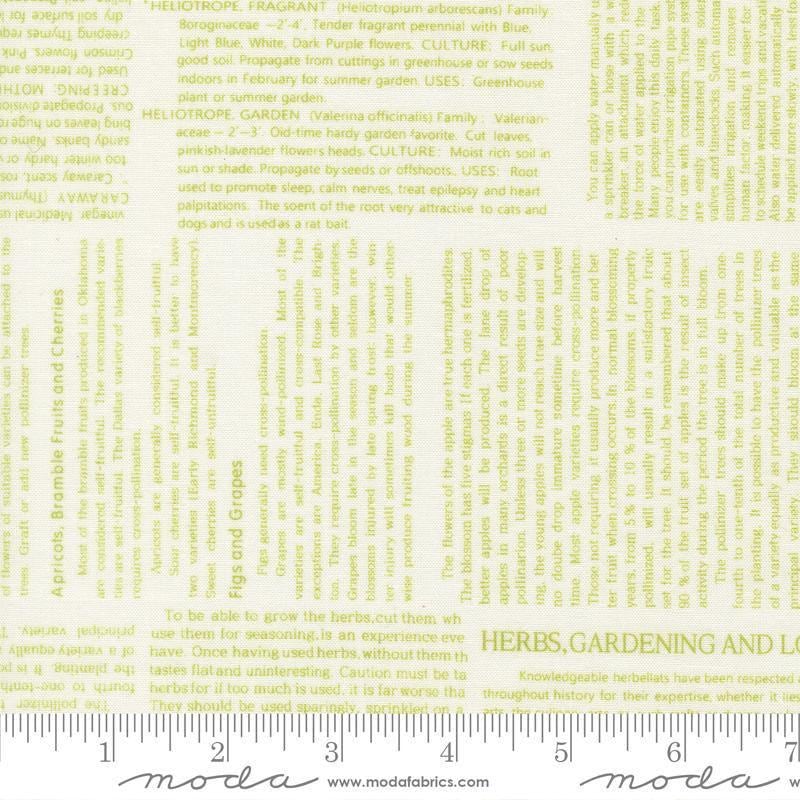 Image of Summers End Text Clover quilting cotton fabric by Fig Tree Co for Moda Fabrics. Features text on a green background. Cute Little Fabric Shop.