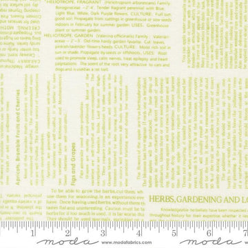 Image of Summers End Text Clover quilting cotton fabric by Fig Tree Co for Moda Fabrics. Features text on a green background. Cute Little Fabric Shop.