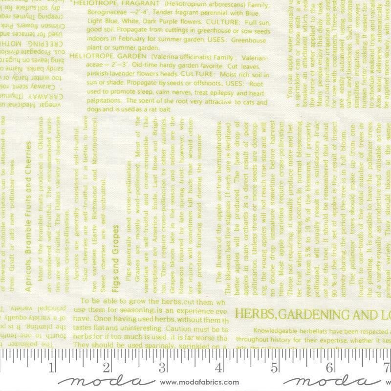 Image of Summers End Text Clover quilting cotton fabric by Fig Tree Co for Moda Fabrics. Features text on a green background. Cute Little Fabric Shop.