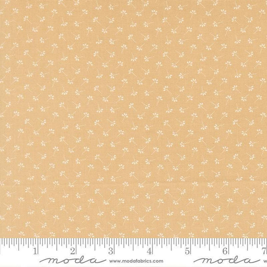 Image of Summers End Dandelion Almond Pie quilting cotton fabric by Fig Tree Co for Moda Fabrics. Features flowers on a tan background. Cute Little Fabric Shop.