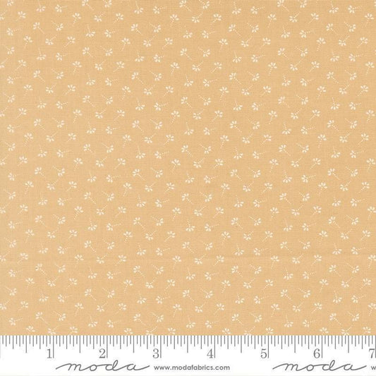 Image of Summers End Dandelion Almond Pie quilting cotton fabric by Fig Tree Co for Moda Fabrics. Features flowers on a tan background. Cute Little Fabric Shop.