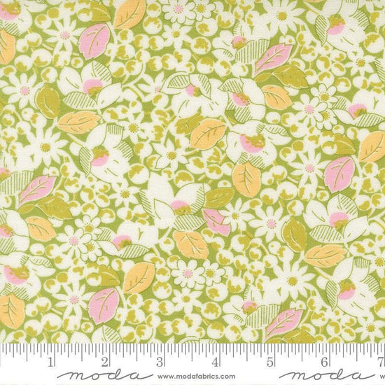Image of Summers End Garden Clover quilting cotton fabric by Fig Tree Co for Moda Fabrics. Features flowers on a green background. Cute Little Fabric Shop.
