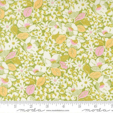 Image of Summers End Garden Clover quilting cotton fabric by Fig Tree Co for Moda Fabrics. Features flowers on a green background. Cute Little Fabric Shop.
