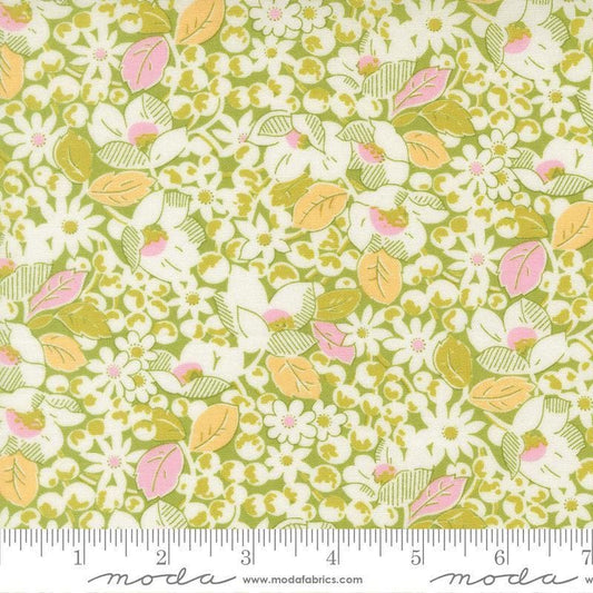 Image of Summers End Garden Clover quilting cotton fabric by Fig Tree Co for Moda Fabrics. Features flowers on a green background. Cute Little Fabric Shop.