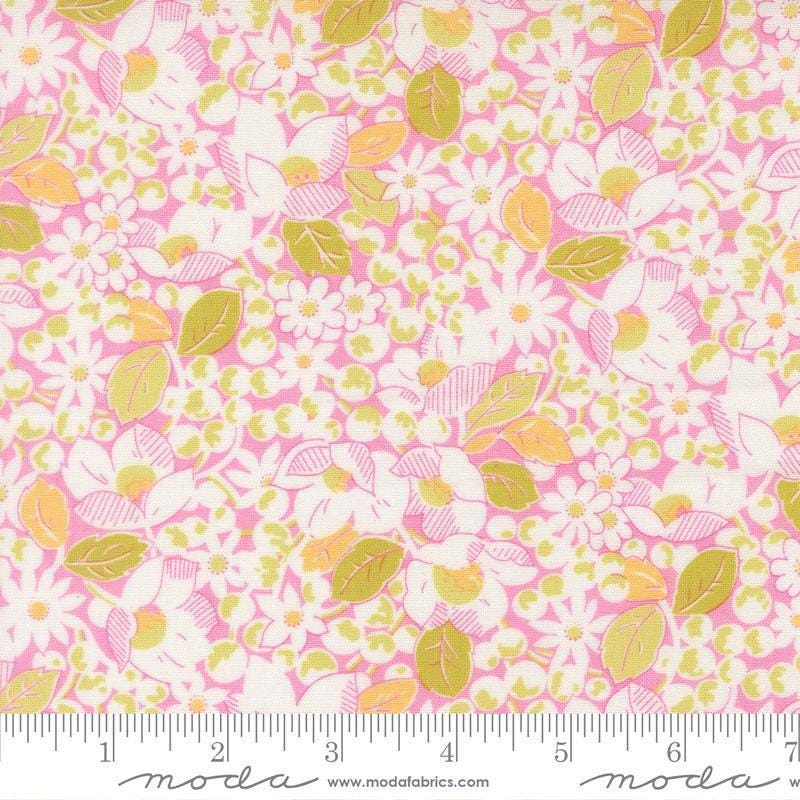 Image of Summers End Garden Lilac quilting cotton fabric by Fig Tree Co for Moda Fabrics. Features flowers on a pink background. Cute Little Fabric Shop.