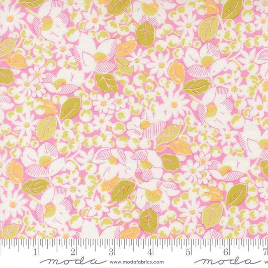 Image of Summers End Garden Lilac quilting cotton fabric by Fig Tree Co for Moda Fabrics. Features flowers on a pink background. Cute Little Fabric Shop.