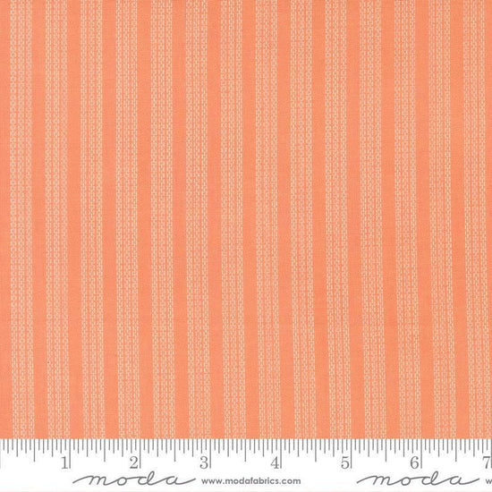 Image of Fruit Salad Stripes Coral quilting cotton fabric by Corey Yoder for Moda Fabrics. Features fruit on an orange background. Cute Little Fabric Shop.