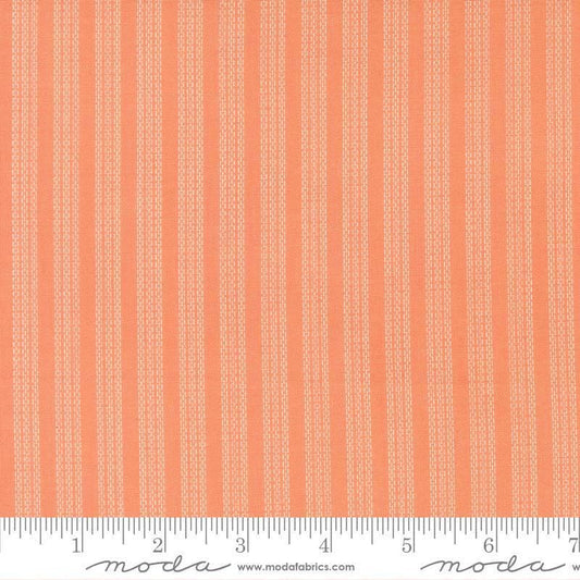 Image of Fruit Salad Stripes Coral quilting cotton fabric by Corey Yoder for Moda Fabrics. Features fruit on an orange background. Cute Little Fabric Shop.