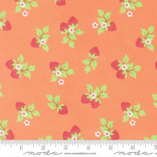 Image of Fruit Salad Strawberries Coral quilting cotton fabric by Corey Yoder for Moda Fabrics. Features strawberries on an orange background. Cute Little Fabric Shop.