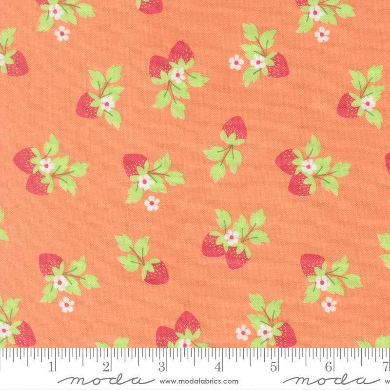Image of Fruit Salad Strawberries Coral quilting cotton fabric by Corey Yoder for Moda Fabrics. Features strawberries on an orange background. Cute Little Fabric Shop.