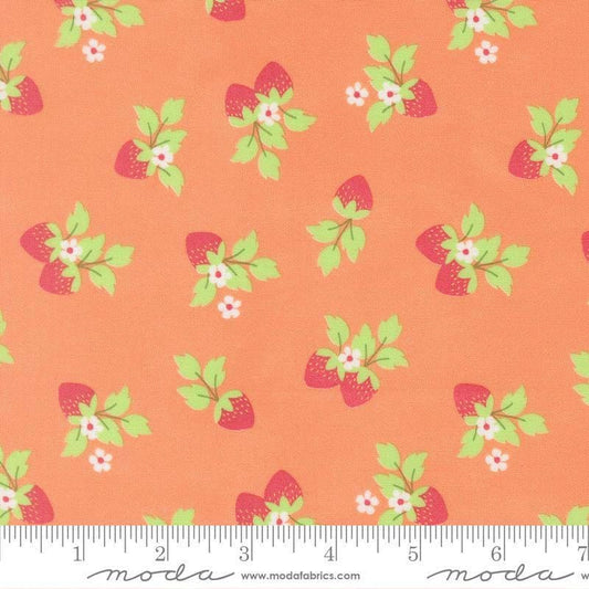 Image of Fruit Salad Strawberries Coral quilting cotton fabric by Corey Yoder for Moda Fabrics. Features strawberries on an orange background. Cute Little Fabric Shop.