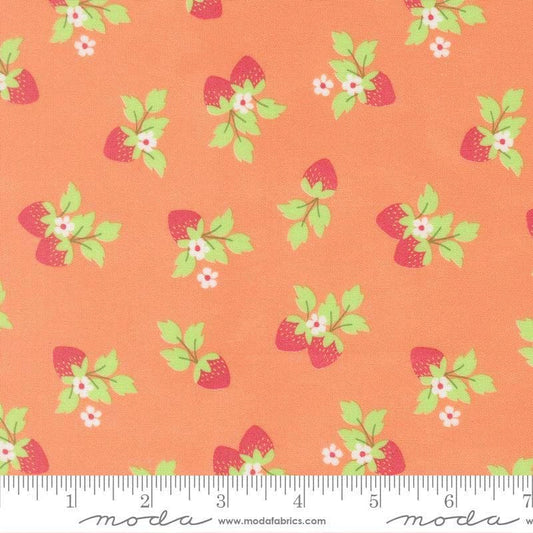 Image of Fruit Salad Strawberries Coral quilting cotton fabric by Corey Yoder for Moda Fabrics. Features strawberries on an orange background. Cute Little Fabric Shop.