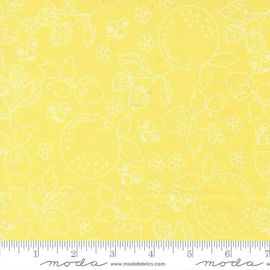 Image of Fruit Salad Sketch Sunshine quilting cotton fabric by Corey Yoder for Moda Fabrics. Features fruit on a yellow background. Cute Little Fabric Shop.