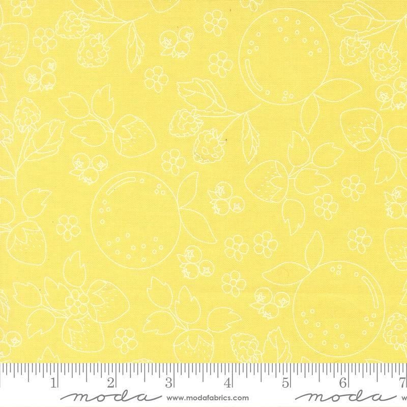 Image of Fruit Salad Sketch Sunshine quilting cotton fabric by Corey Yoder for Moda Fabrics. Features fruit on a yellow background. Cute Little Fabric Shop.