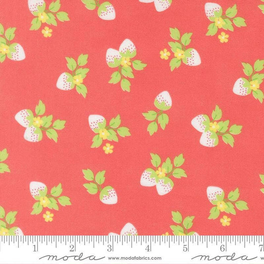 Image of Fruit Salad Strawberries Flamingo quilting cotton fabric by Corey Yoder for Moda Fabrics. Features strawberries on a pink background. Cute Little Fabric Shop.