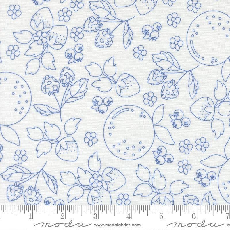 Image of Fruit Salad Sketch Off White Cobalt quilting cotton fabric by Corey Yoder for Moda Fabrics. Features fruit on a white background. Cute Little Fabric Shop.