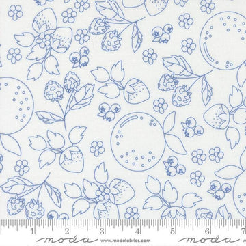 Image of Fruit Salad Sketch Off White Cobalt quilting cotton fabric by Corey Yoder for Moda Fabrics. Features fruit on a white background. Cute Little Fabric Shop.