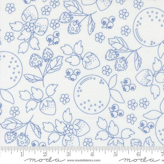 Image of Fruit Salad Sketch Off White Cobalt quilting cotton fabric by Corey Yoder for Moda Fabrics. Features fruit on a white background. Cute Little Fabric Shop.