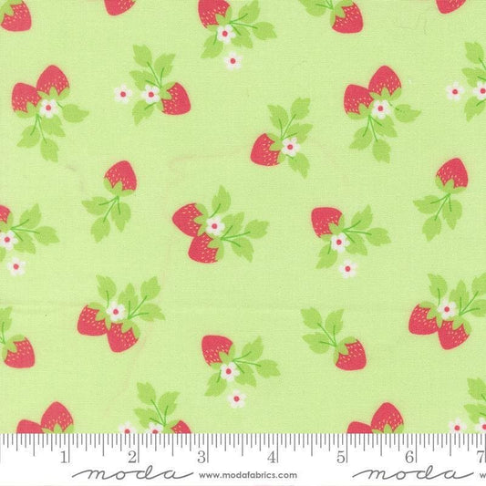 Image of Fruit Salad Strawberries Melon quilting cotton fabric by Corey Yoder for Moda Fabrics. Features strawberries on a green background. Cute Little Fabric Shop.