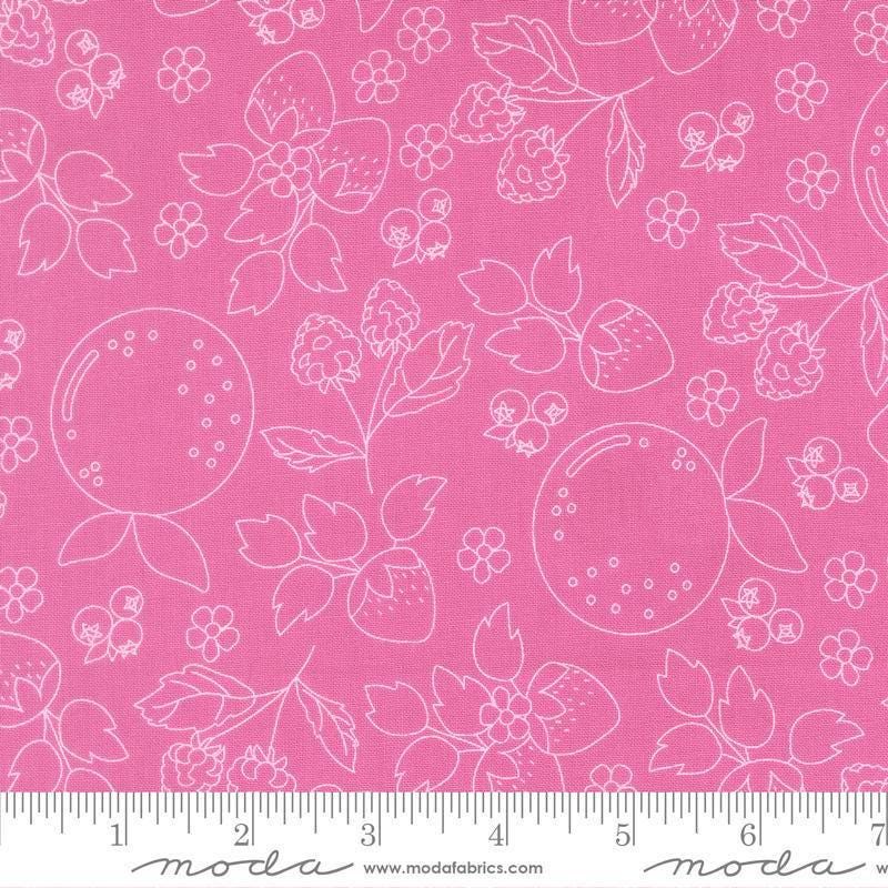 Image of Fruit Salad Sketch Petal Pink quilting cotton fabric by Corey Yoder for Moda Fabrics. Features fruit on a pink background. Cute Little Fabric Shop.