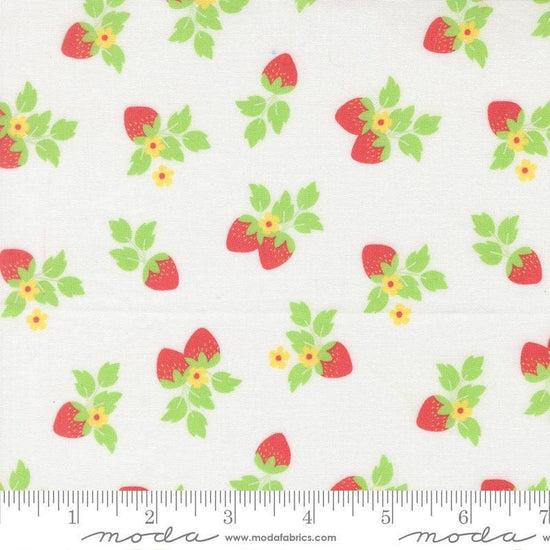 Image of Fruit Salad Strawberries Off White quilting cotton fabric by Corey Yoder for Moda Fabrics. Features strawberries on a white background. Cute Little Fabric Shop.