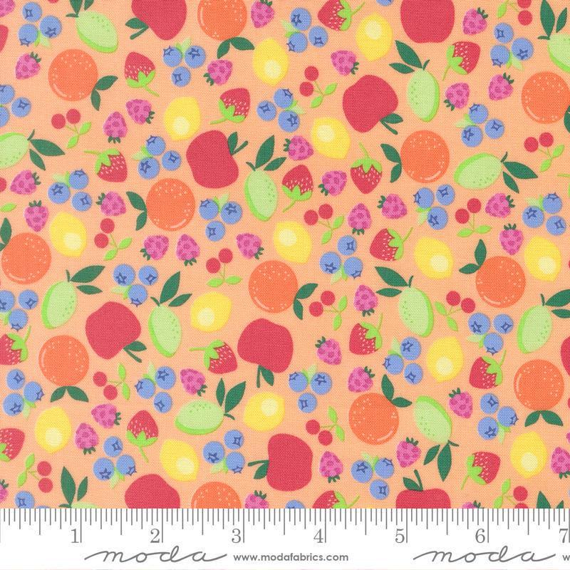 Image of Fruit Salad Novelty Cantaloupe quilting cotton fabric by Corey Yoder for Moda Fabrics. Features fruit on an orange background. Cute Little Fabric Shop.