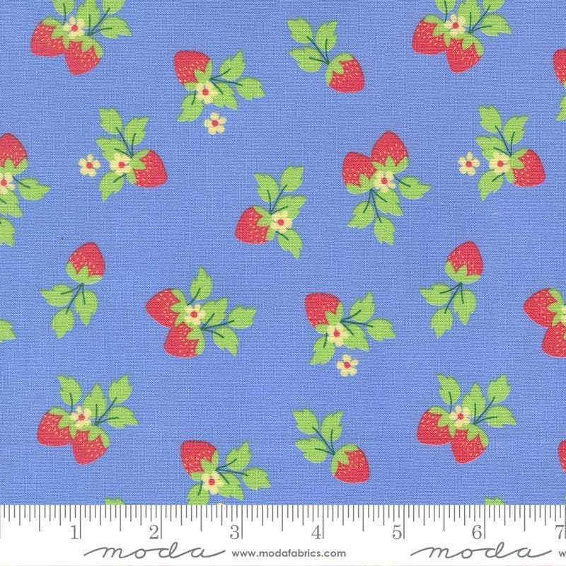 Image of Fruit Salad Strawberries Sky quilting cotton fabric by Corey Yoder for Moda Fabrics. Features strawberries on a blue background. Cute Little Fabric Shop.