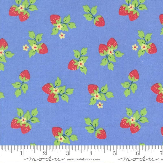 Image of Fruit Salad Strawberries Sky quilting cotton fabric by Corey Yoder for Moda Fabrics. Features strawberries on a blue background. Cute Little Fabric Shop.